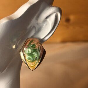 Vintage Enamel Earrings – Swirled Olive Green & Pink-Peach Gold Tone Jewelry B10